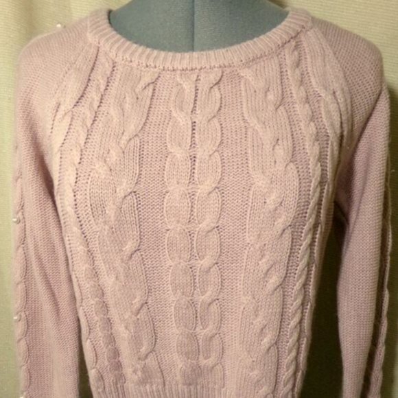 FRESHMAN Cable knit Pearl Beaded Sweater Top XS Pink crop Scoop neck Long Sleev - Picture 1 of 10